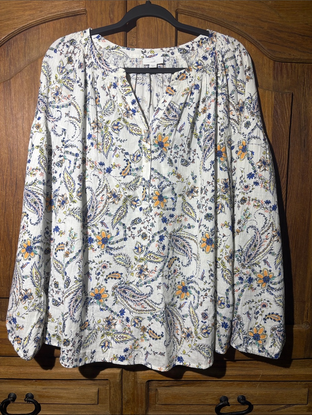 J. Jill White Floral Paisley Peasant Blouse with Blue and Yellow Accents
